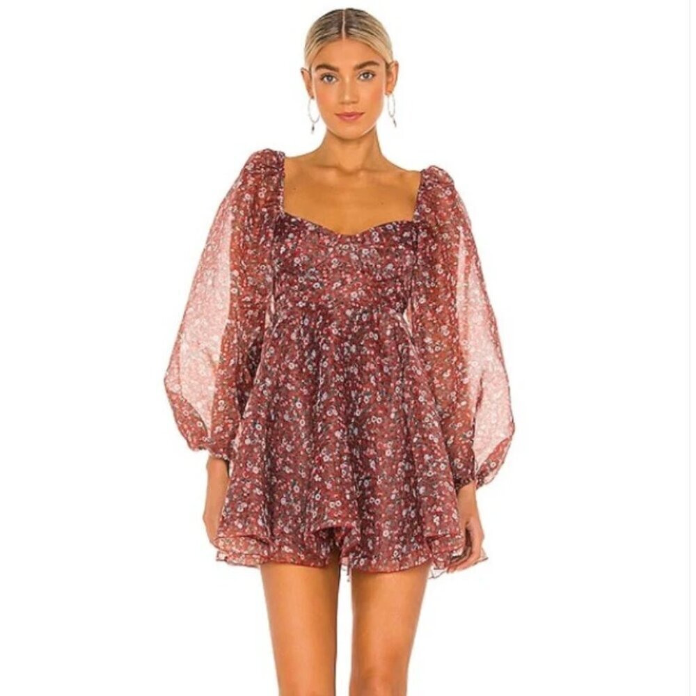 Selkie The Princess Mini Dress Long Puff Sleeves Crimson Floral Red Size Large
